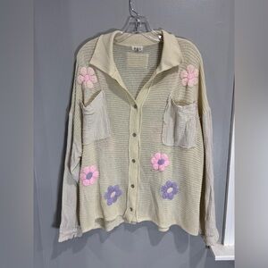 POL Acrylic Boho Bohemian Embroidered Flower Button Up Sweater Cardigan Large